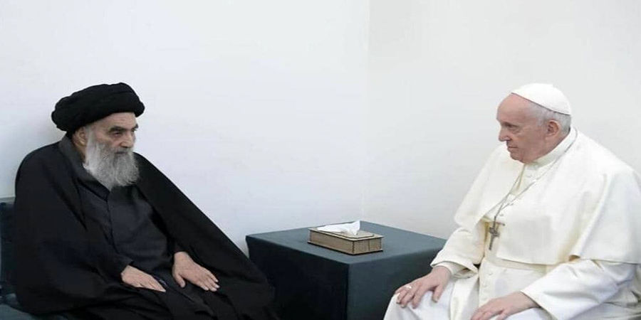 لحظه خداحافظی آیت الله سیستانی با پاپ فرانسیس+ فیلم